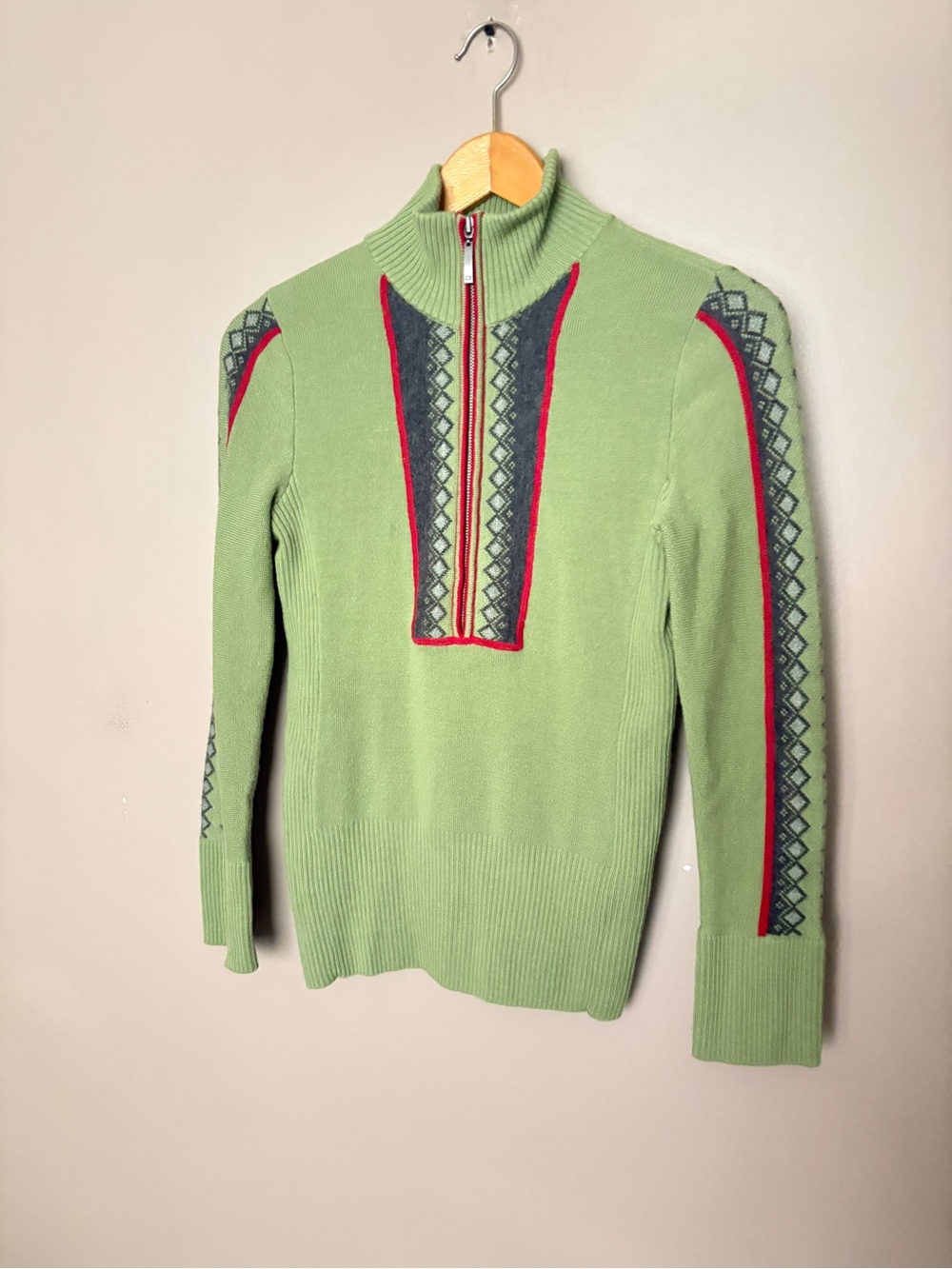 Eddie Bauer Fair Isle Merino Wool half Zip Sweater Green Petite Medium PM EUC - Picture 2 of 13